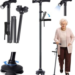 Bastón Plegable Ajustable con Luz LED – 5 Niveles de Altura, Punta Pivotante (Negro)